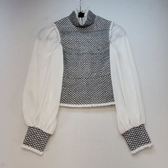 Alice + Olivia Tops - Alice + Olivia Blouse Womens XS White Black Smocked Bishop Sleeve Stitching